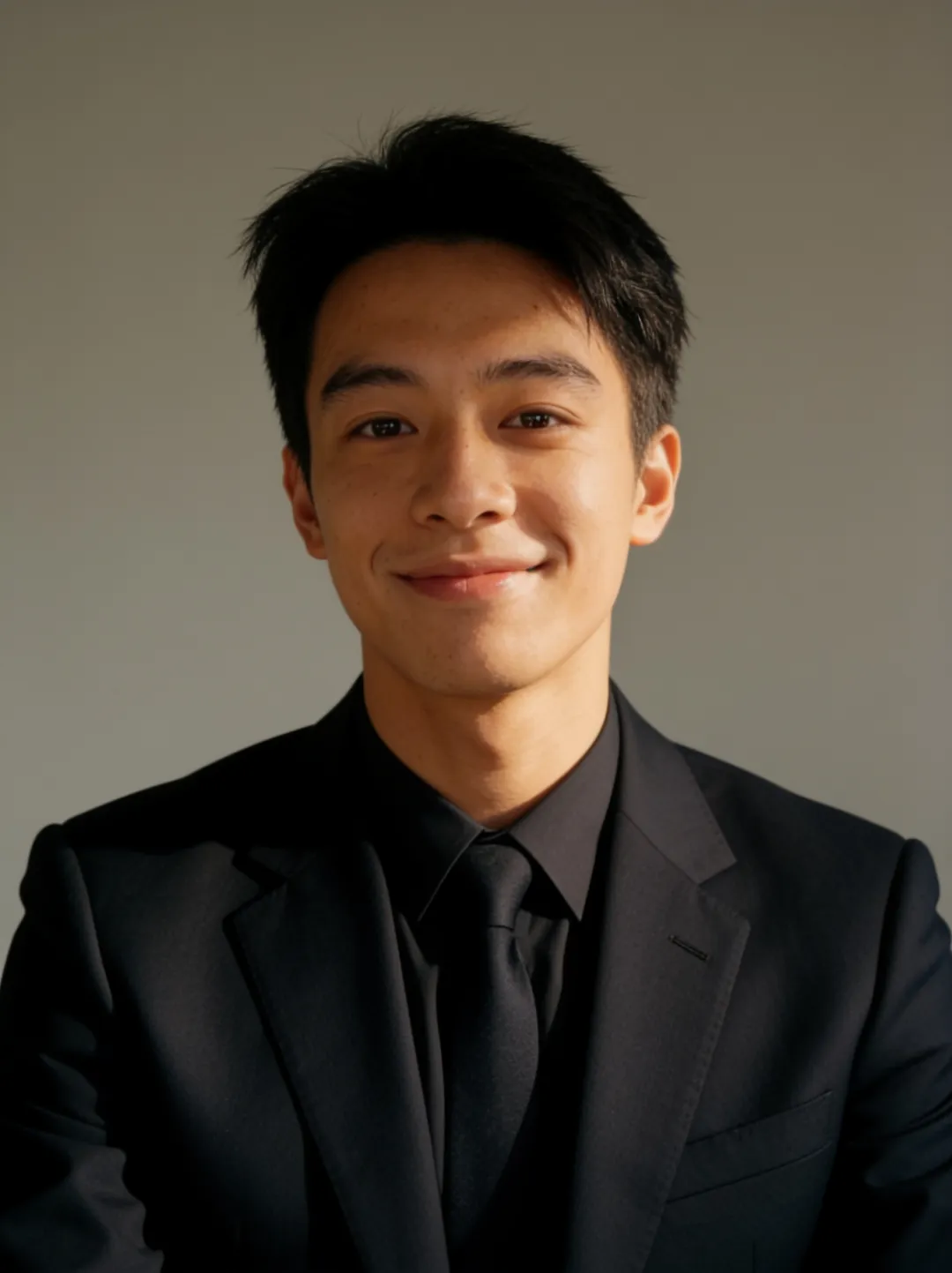 AI photo edit — the same man as a corporate headshot in a dark suit and tie against a plain studio background