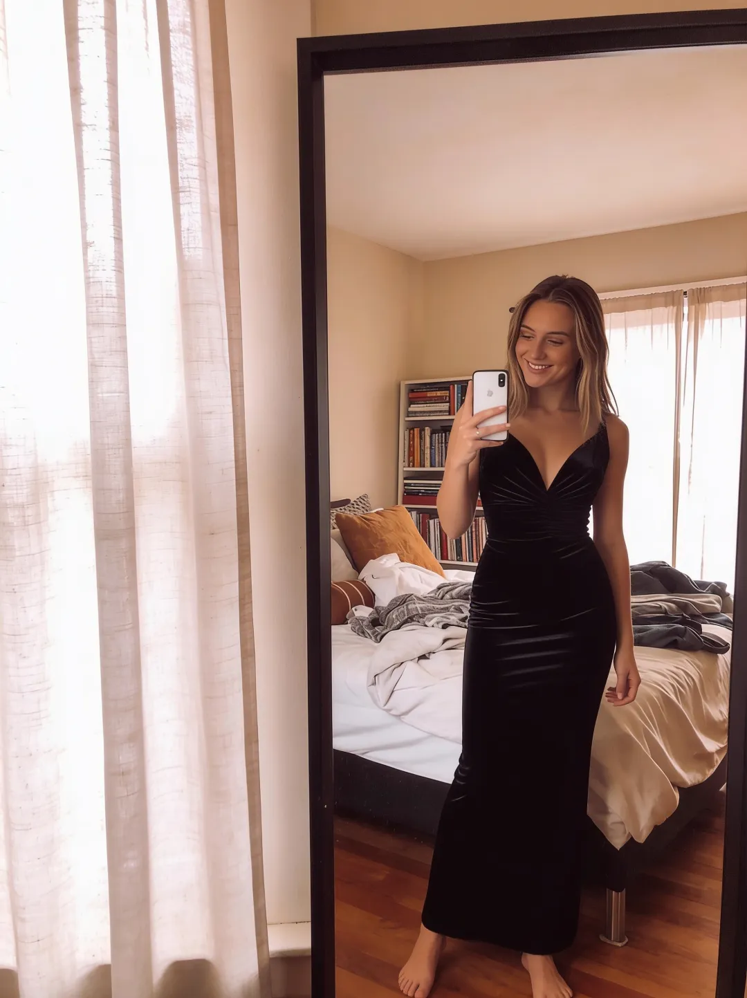 AI photo edit — after: the same mirror selfie with the outfit swapped to a black velvet evening dress