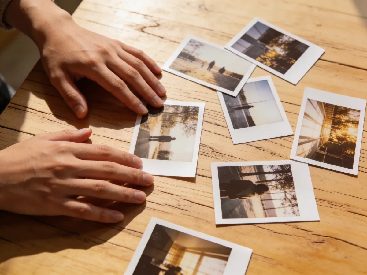 AI-generated image — flat lay of printed photographs on a wooden table