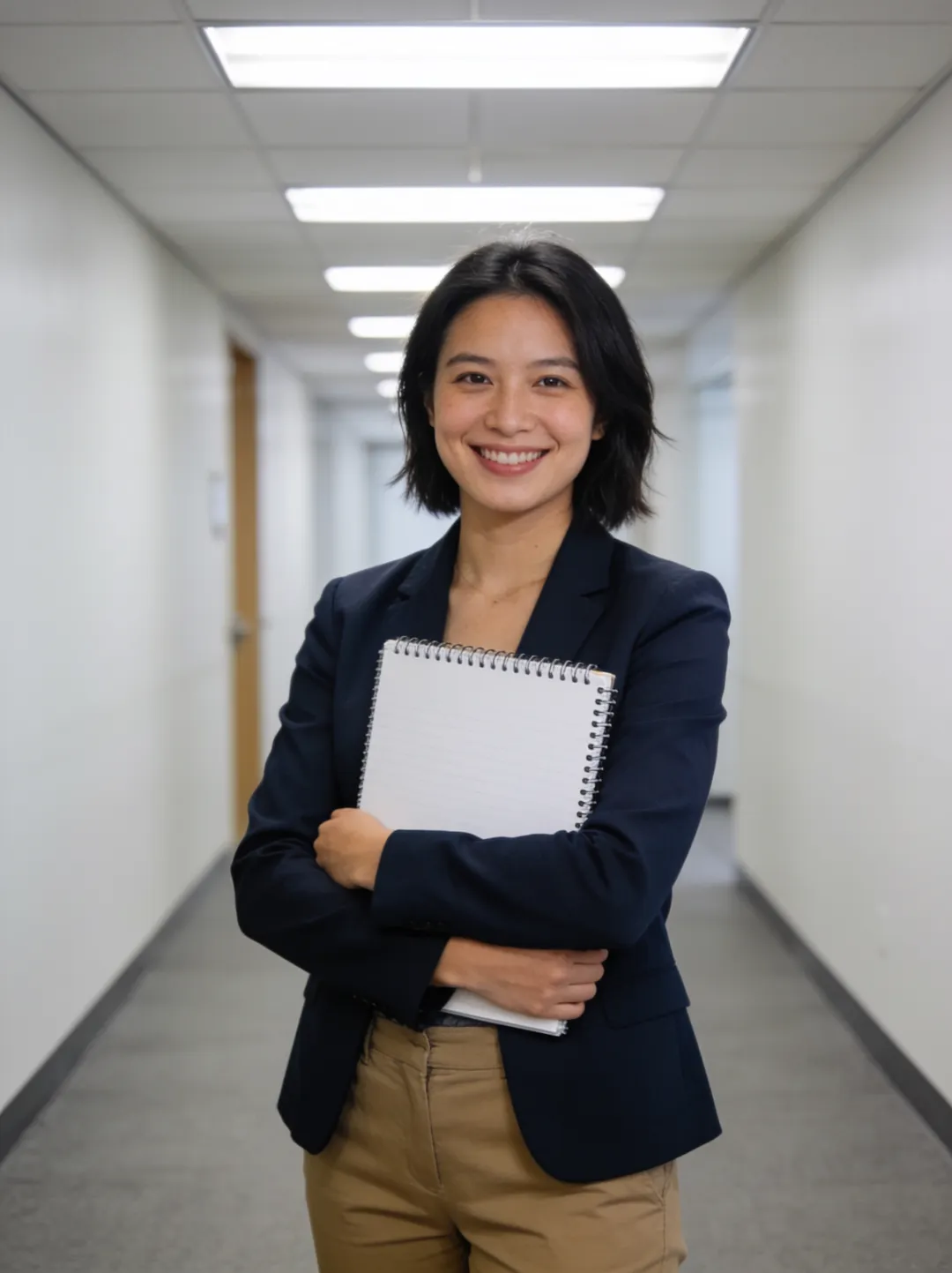 Original photo — woman in a navy blazer holding a notebook in an office corridor, before the AI background change