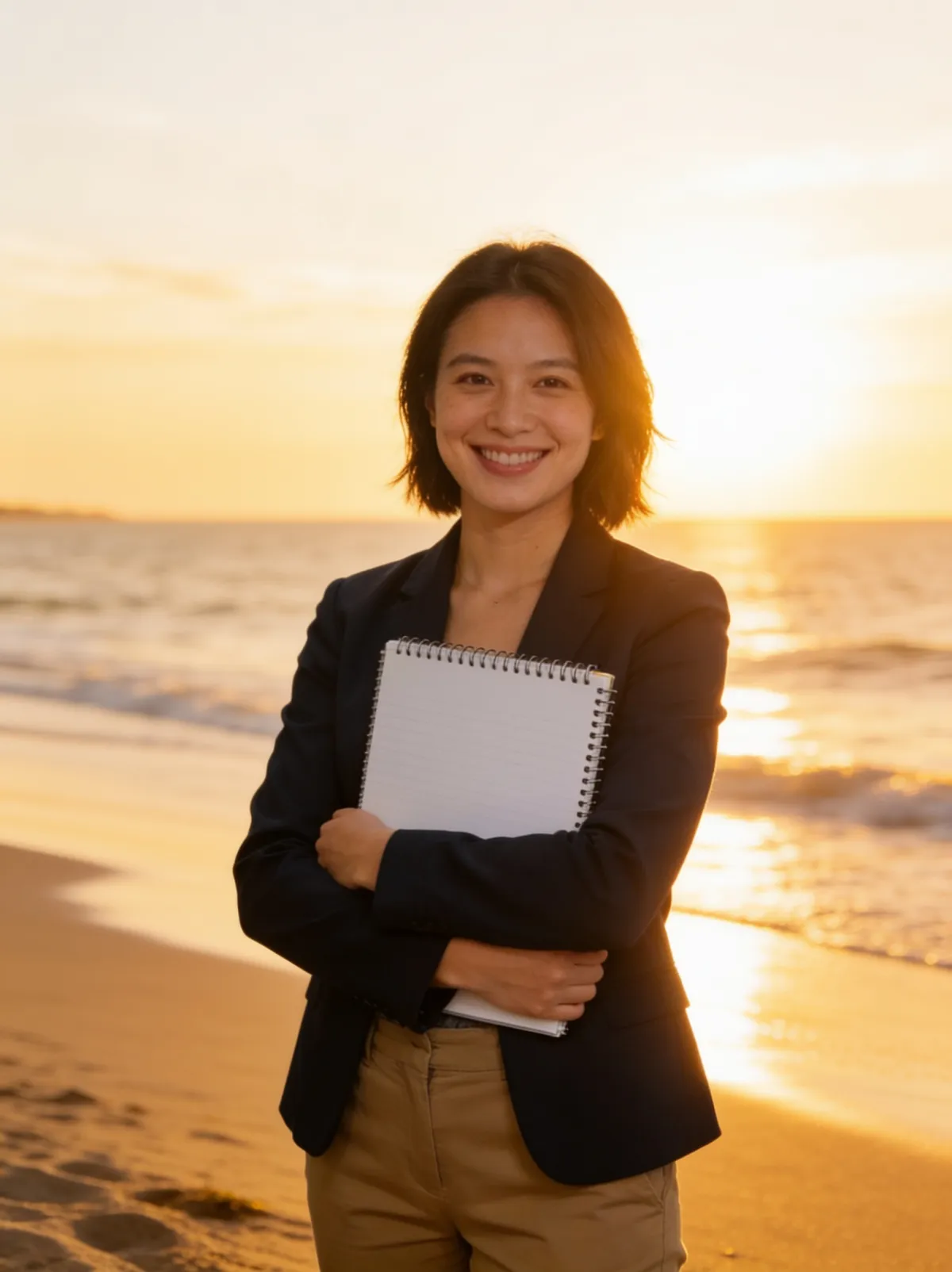 AI photo edit — woman in a navy blazer holding a notebook, office background changed to a sunlit beach at golden hour