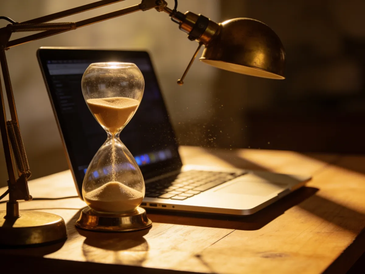 AI-generated image — an hourglass on a desk beside an open laptop