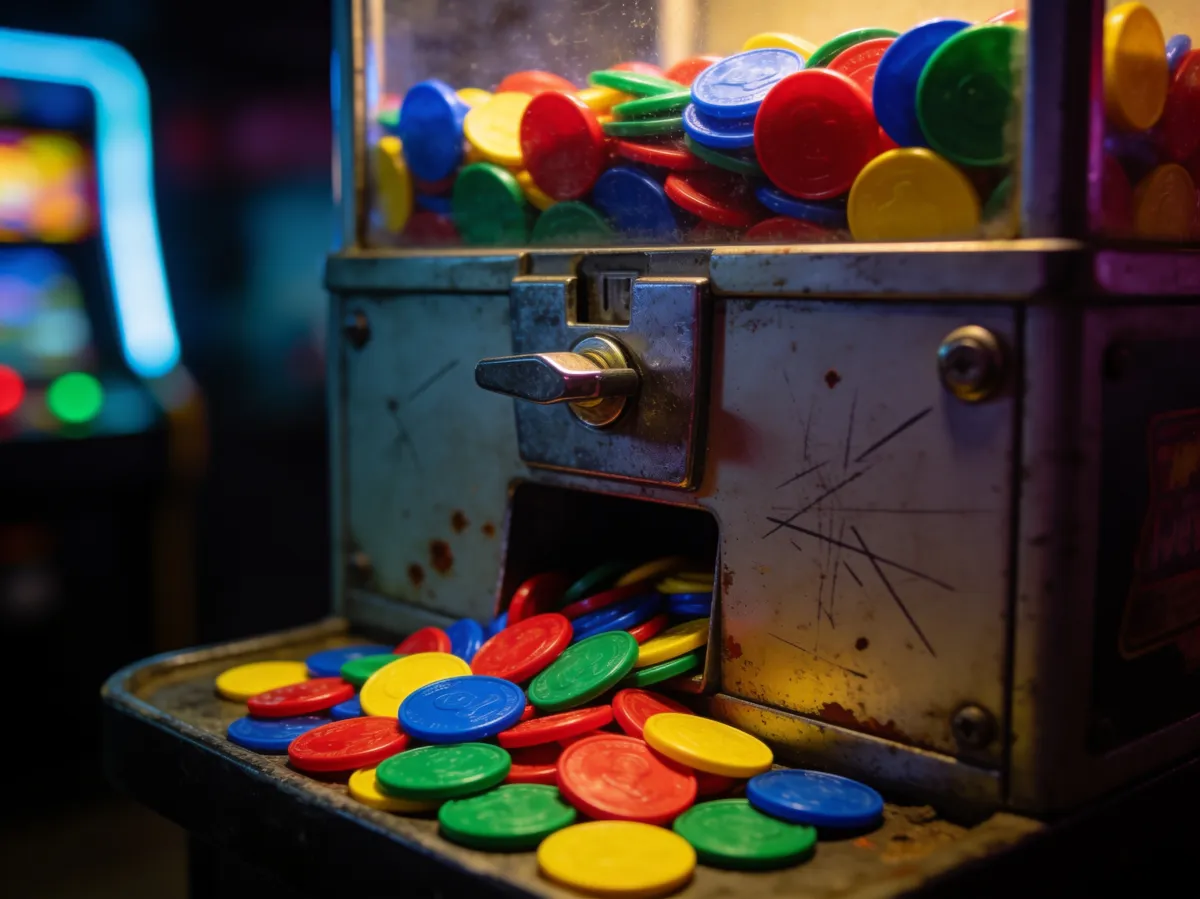 AI-generated image — an arcade token machine overflowing with colorful credit tokens