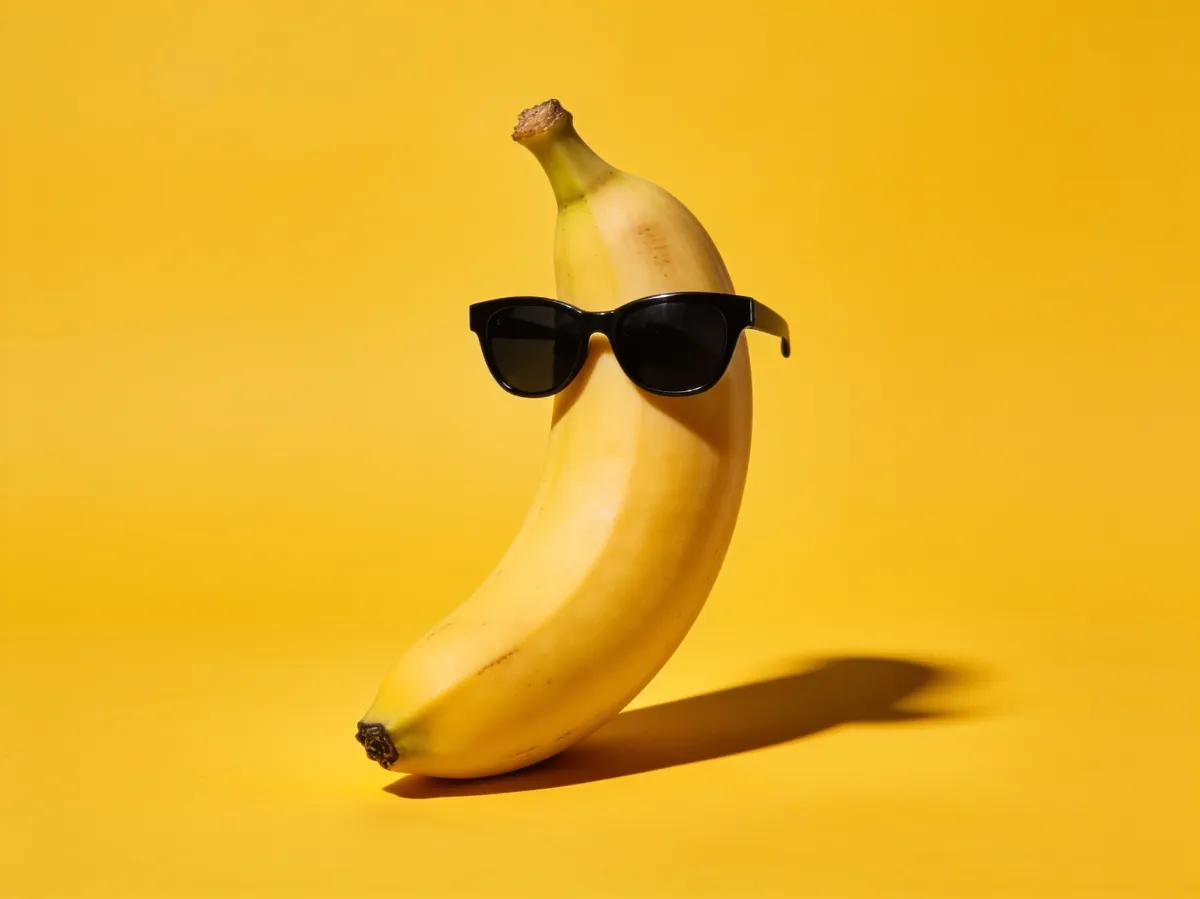AI-generated image — studio product photo of a banana wearing tiny sunglasses