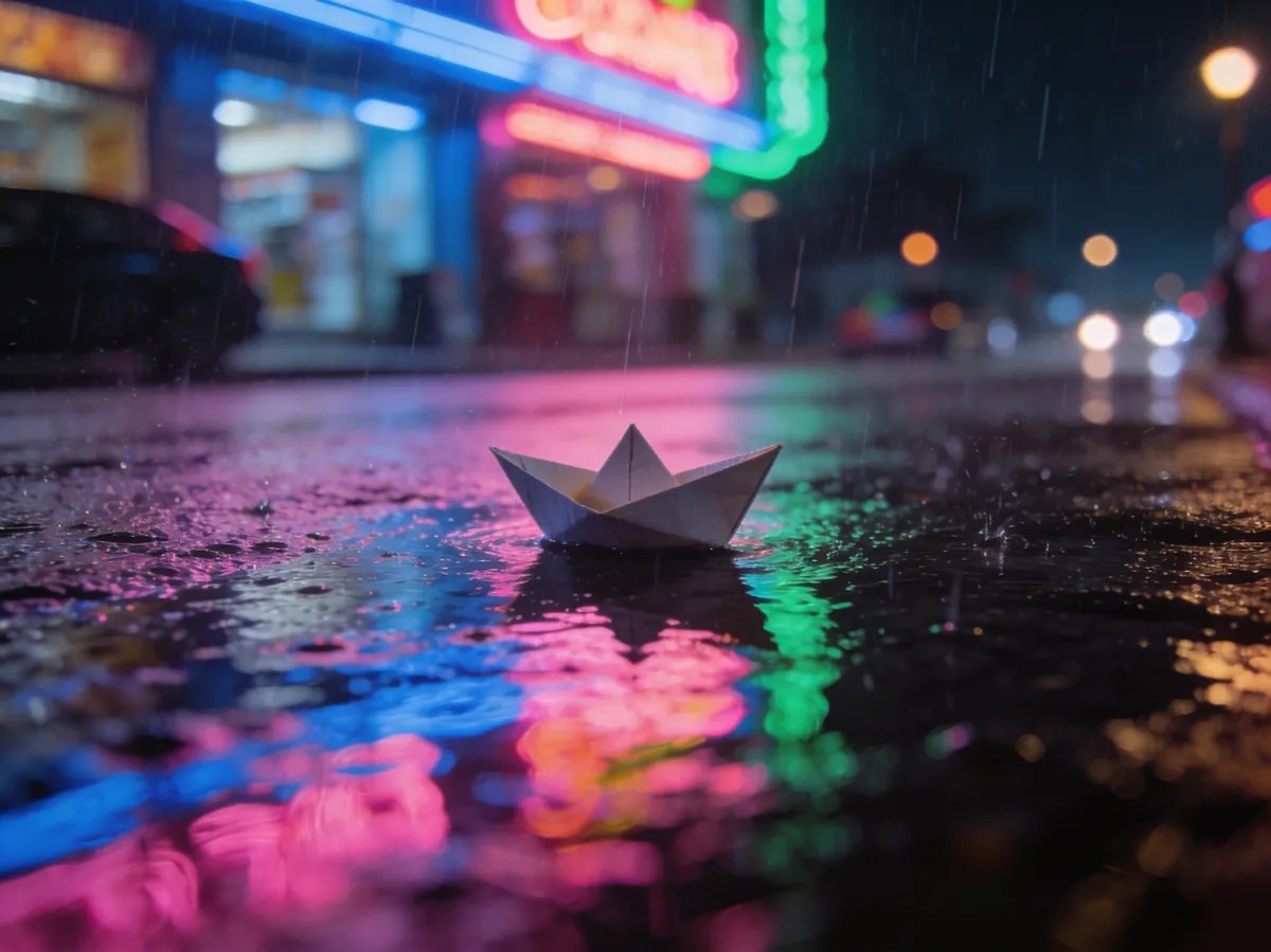 AI-generated image — tiny paper boat drifting down a rain-soaked, neon-lit street at night, cinematic film still.