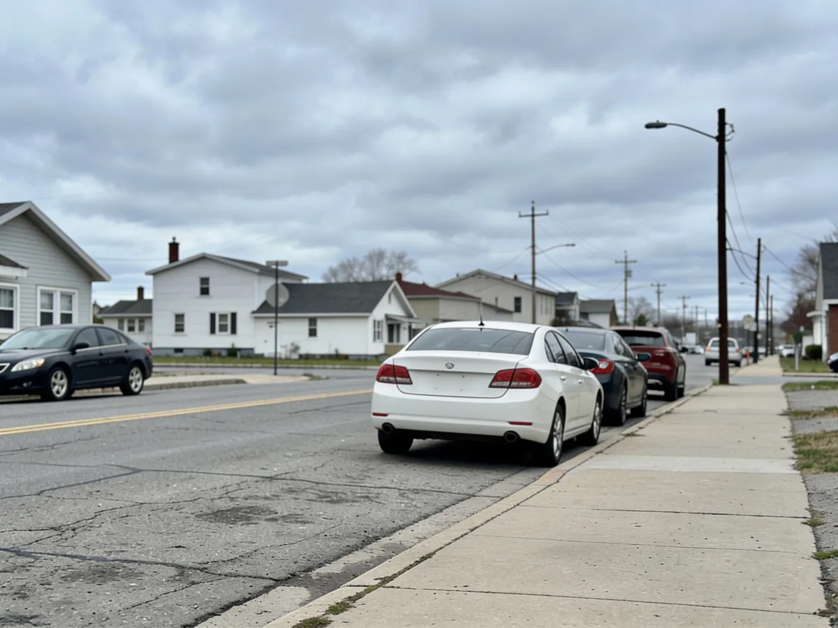 AI photo edit — residential street under an overcast sky after removing the overhead power lines and the green trash bin