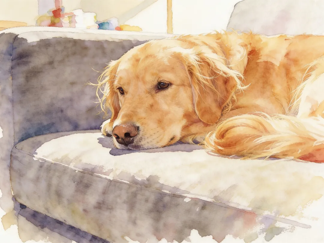 AI photo edit — after: the same golden retriever and sofa as a soft watercolor painting