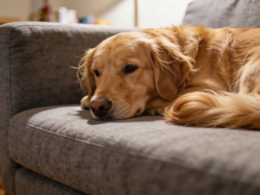 AI photo edit — before: original photo of a golden retriever resting on a grey sofa