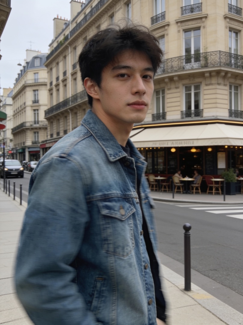 AI photo edit — background changed to a Paris street with Haussmann buildings and a cafe