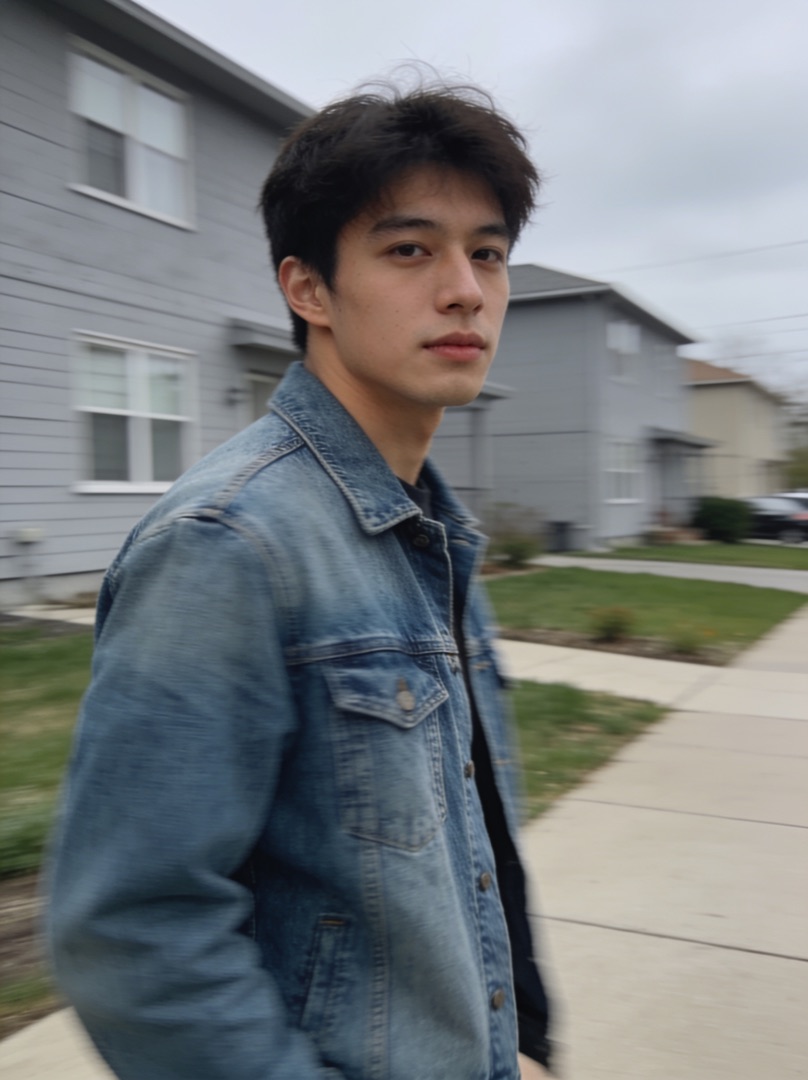Original photo — man in a denim jacket on a suburban sidewalk, before AI editing