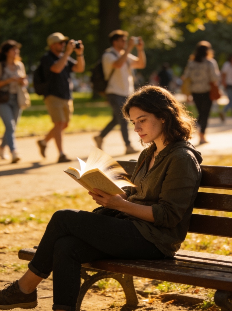 Original photo — woman reading on a park bench with tourists in the background