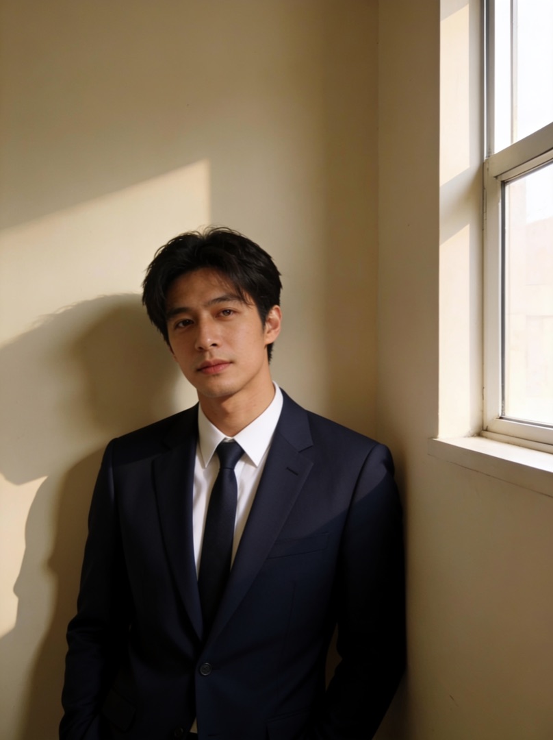 AI photo edit — outfit changed from t-shirt to a navy suit with white shirt and tie