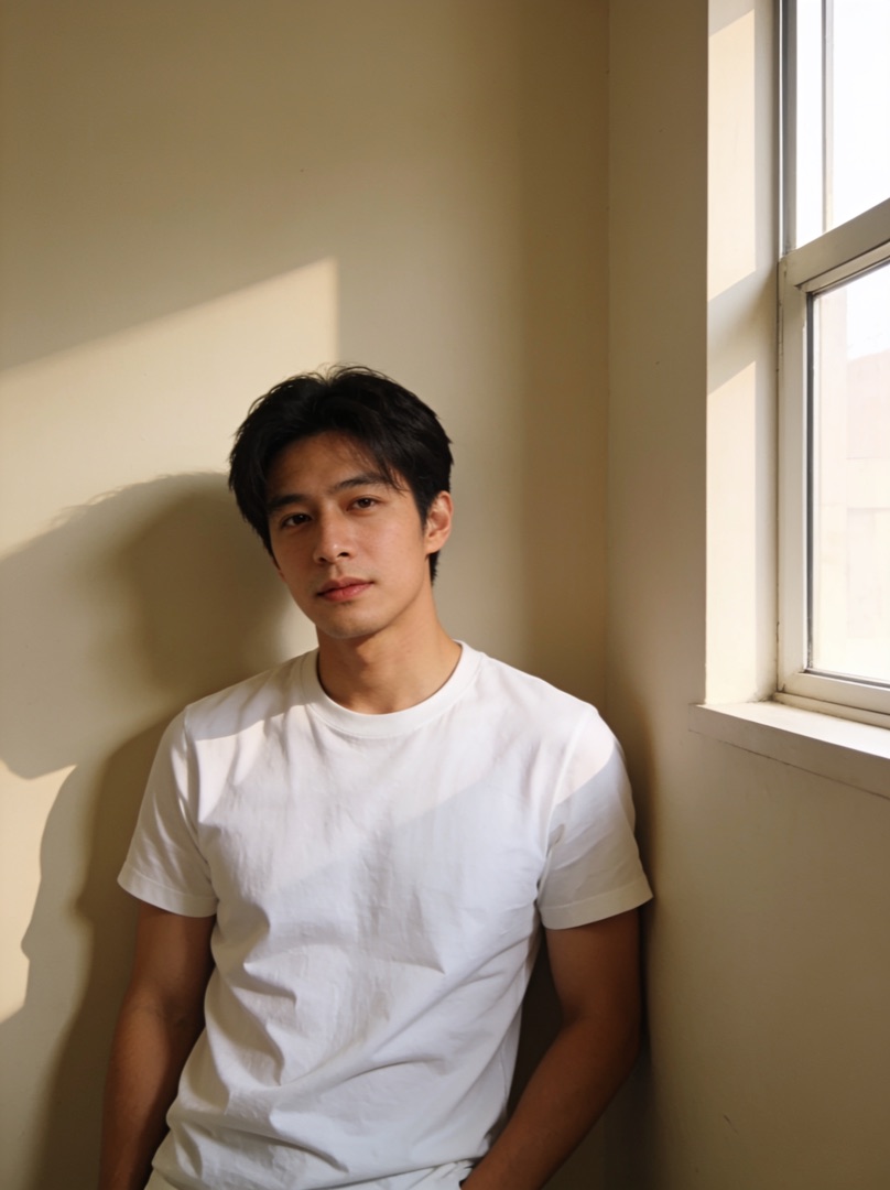 Original photo — man in a plain white t-shirt against a beige wall