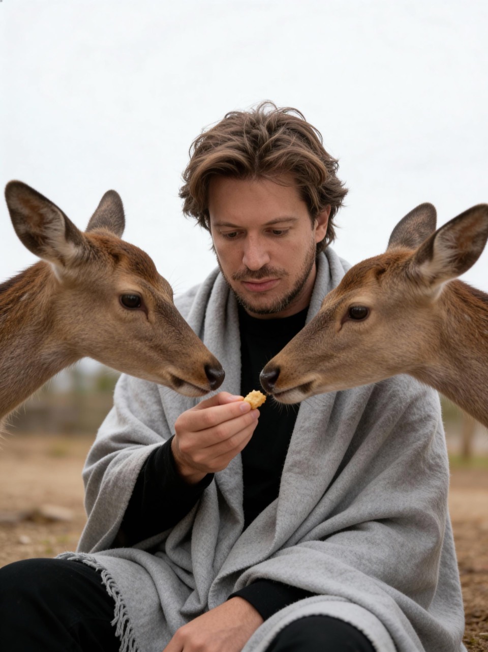 AI-generated image — Man feeding two curious deer