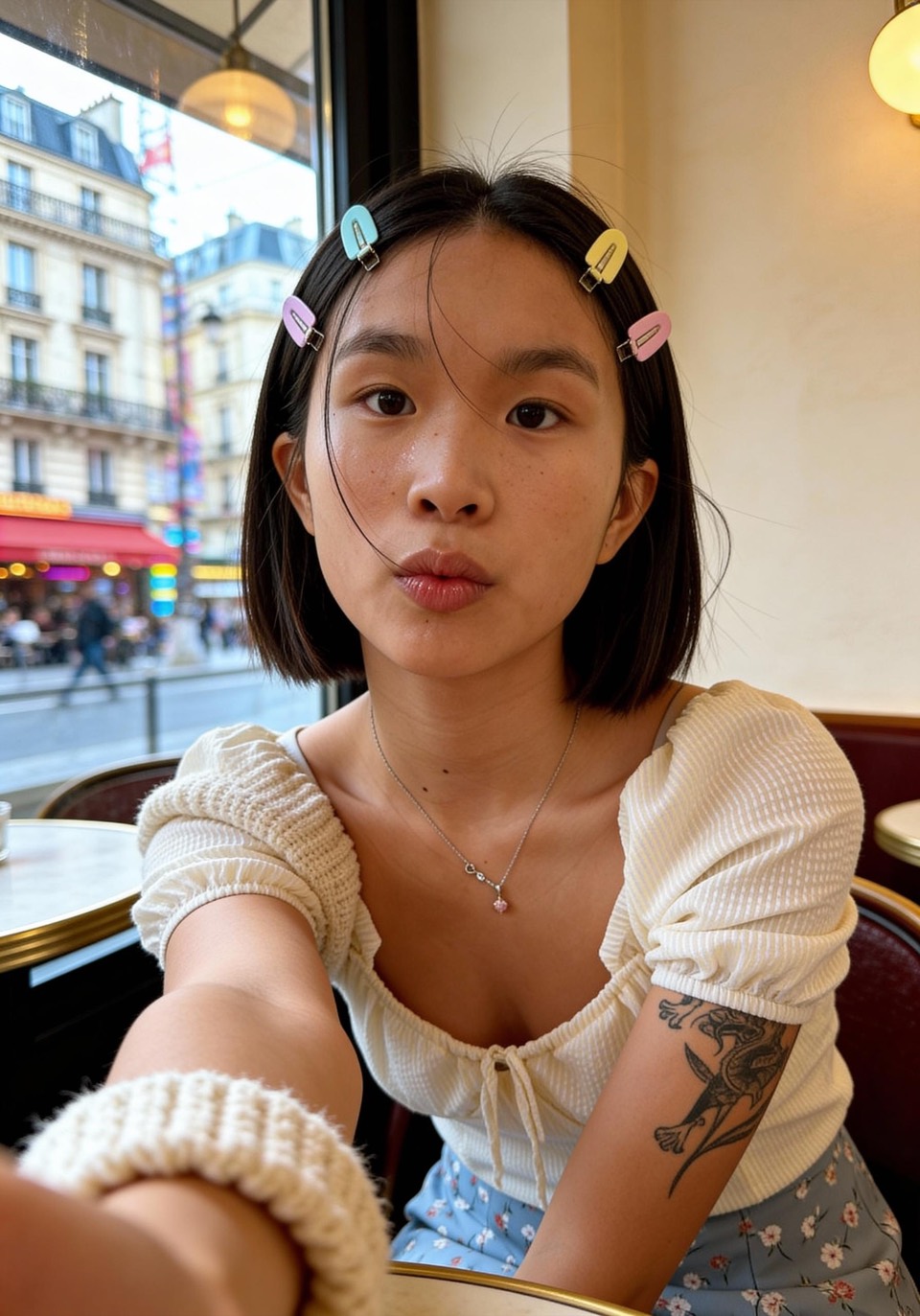 AI portrait — Parisian cafe selfie with clips