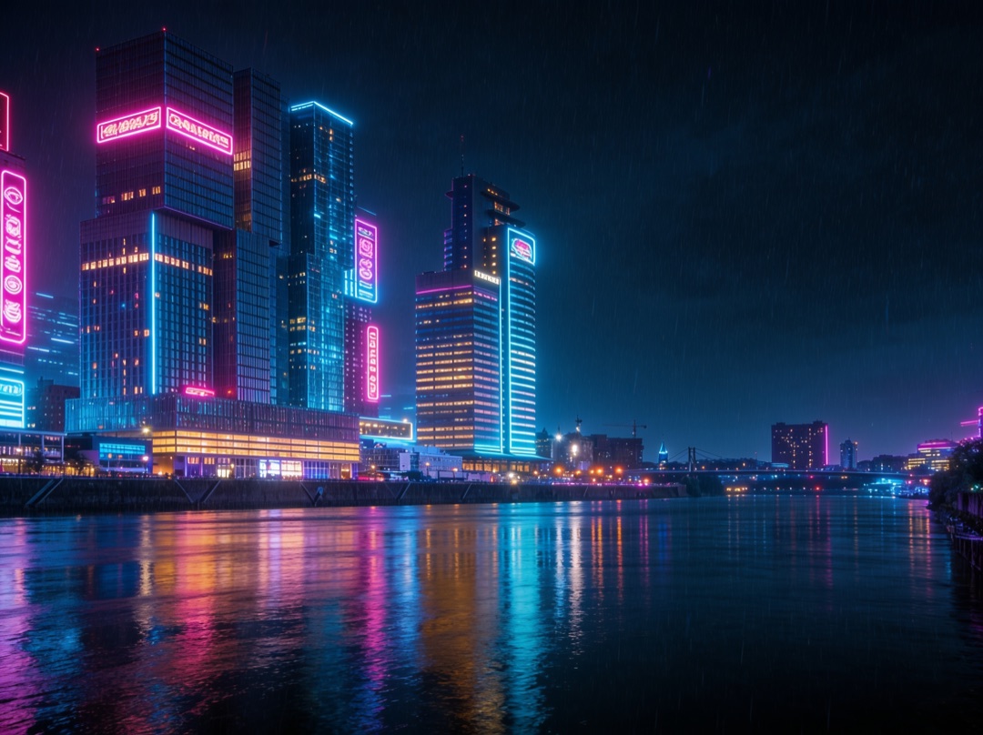 AI photo edit — the same skyline as a cyberpunk night scene, neon signs and rain reflecting in the river