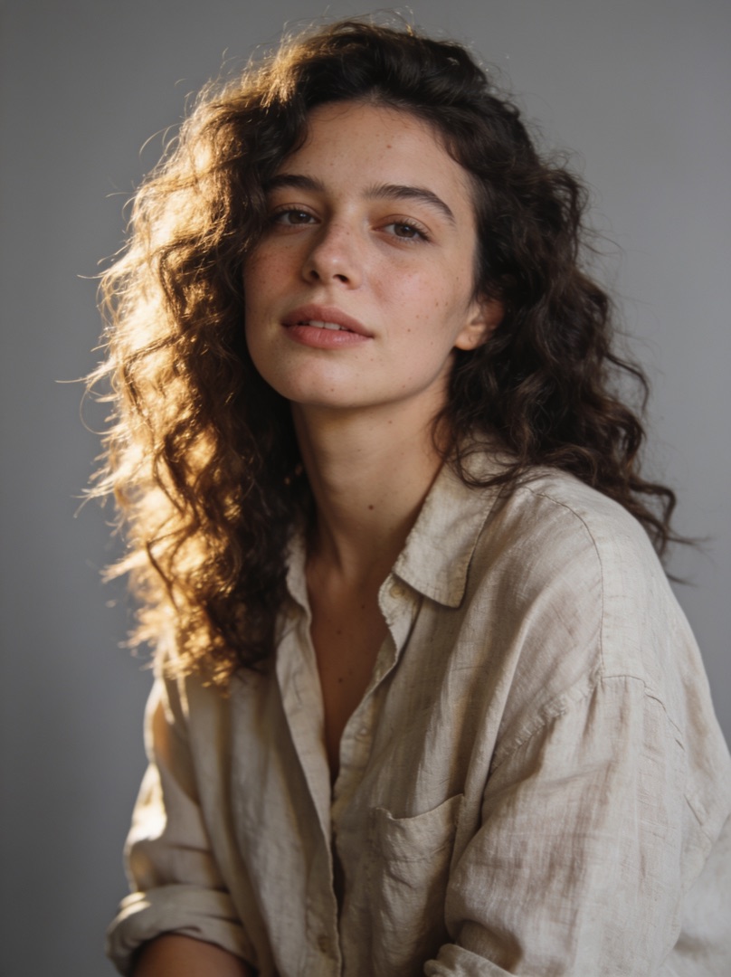 Original photo — woman with dark curly hair in a linen shirt against a plain gray backdrop, before AI editing