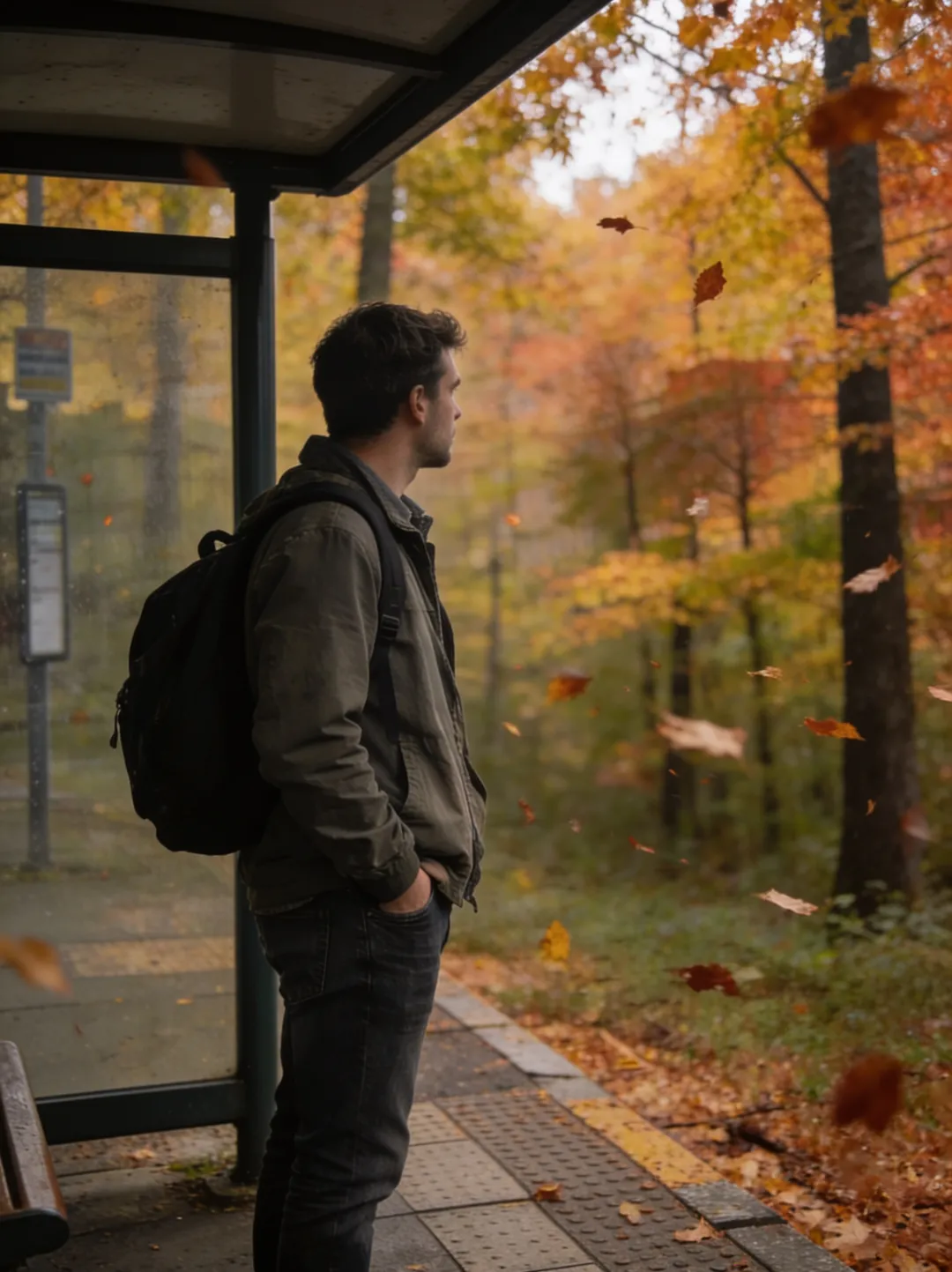 AI photo edit — the same man at the same bus stop, background changed to an autumn forest with falling leaves