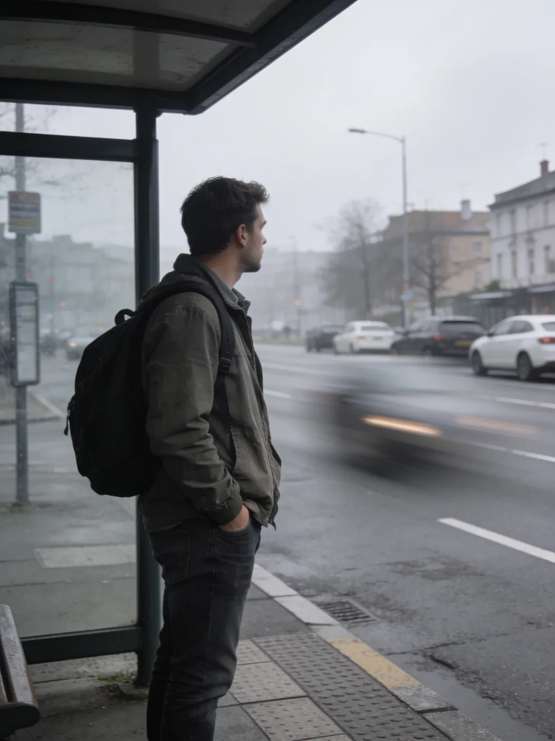 Original photo — man with a backpack waiting at a bus stop on a gray city street, before the AI background change