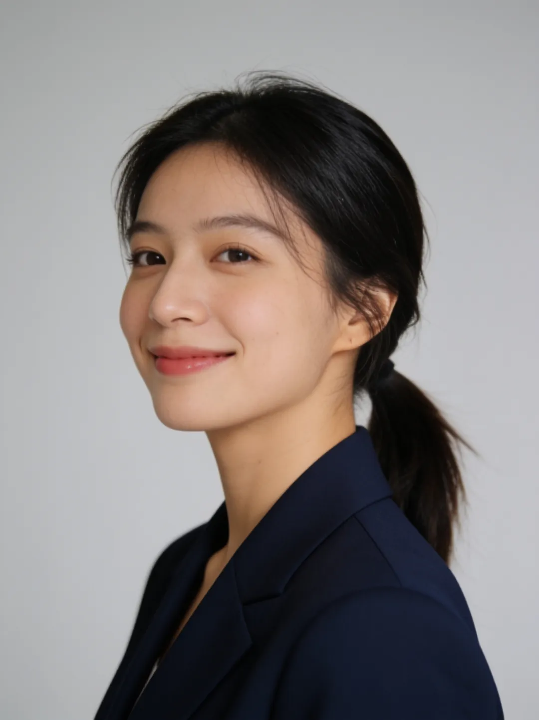AI photo edit — the same woman as a professional headshot in a navy blazer against a plain light-gray studio background