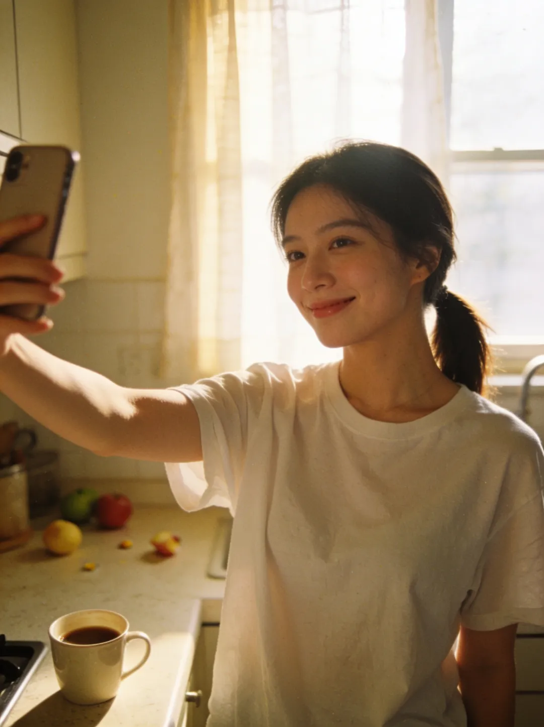 Original photo — casual kitchen selfie of a woman in a white t-shirt, before the AI headshot edit