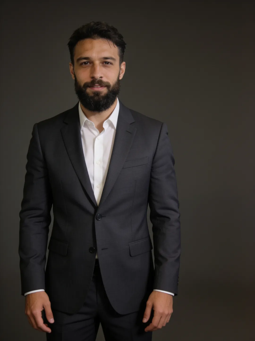 AI photo edit — the same man in a charcoal suit against a neutral dark background, front-facing corporate headshot