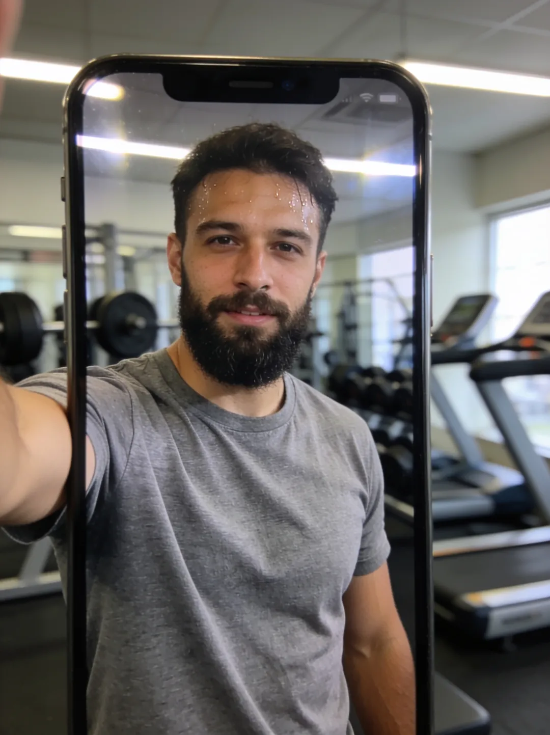 Original photo — gym mirror selfie of a bearded man in a gray t-shirt, before the AI headshot edit
