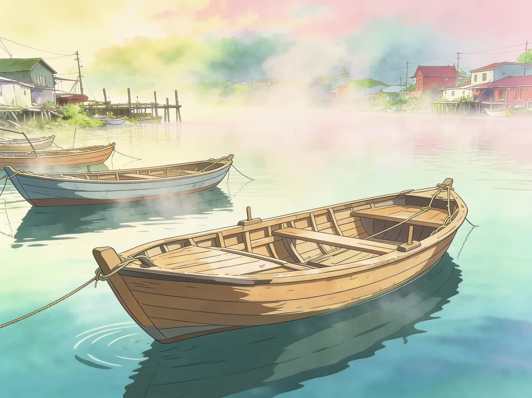 AI photo edit — the same harbor scene redrawn as a hand-drawn anime film illustration with a soft pastel palette