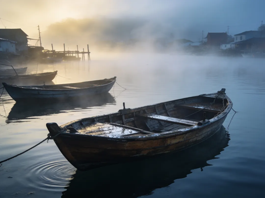 Original photo — wooden rowboats moored on calm water in morning fog, before the AI restyle