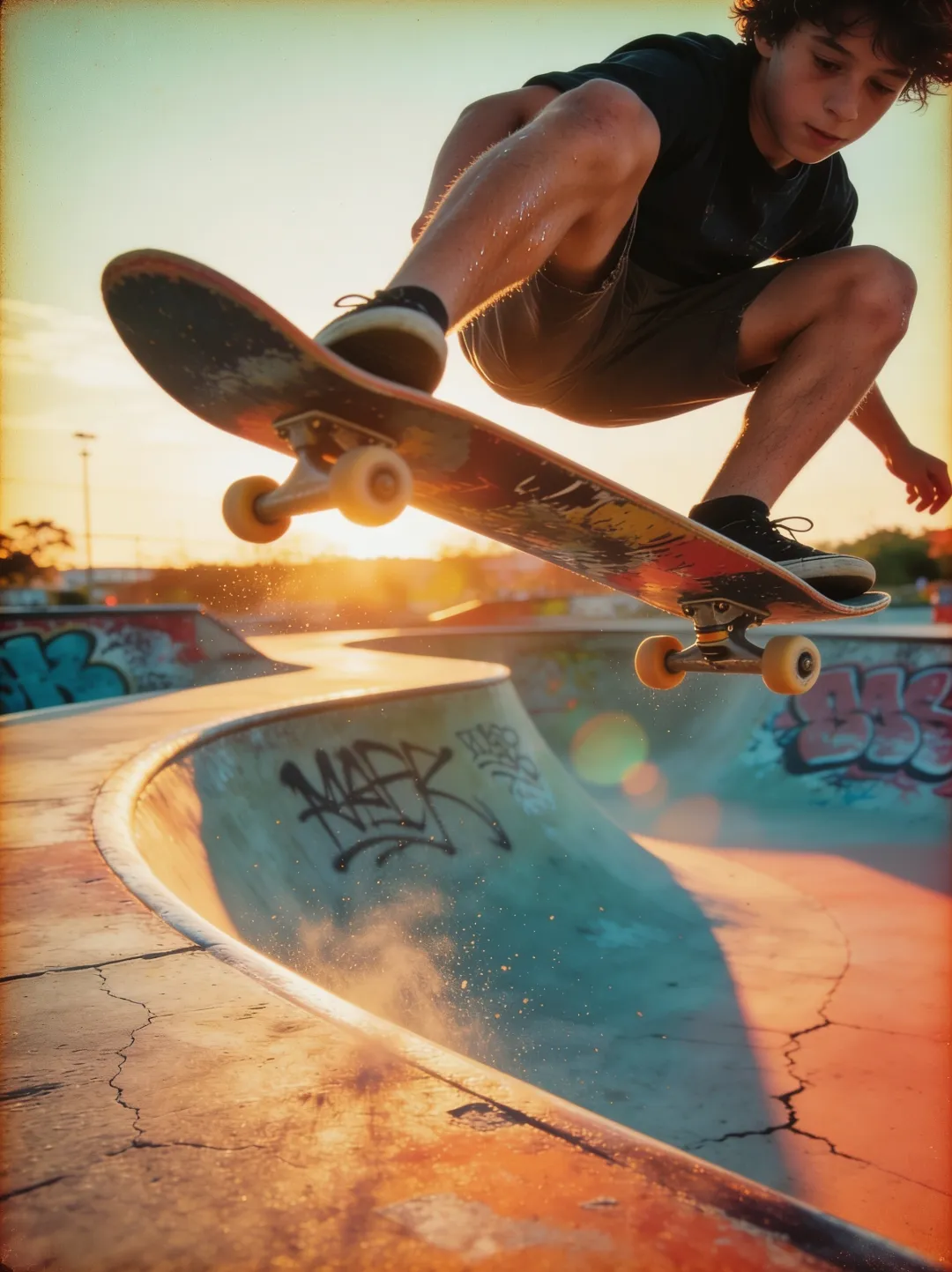AI photo edit — the same skateboard trick as a 1970s film photograph with grain, faded colors, and light-leaked edges