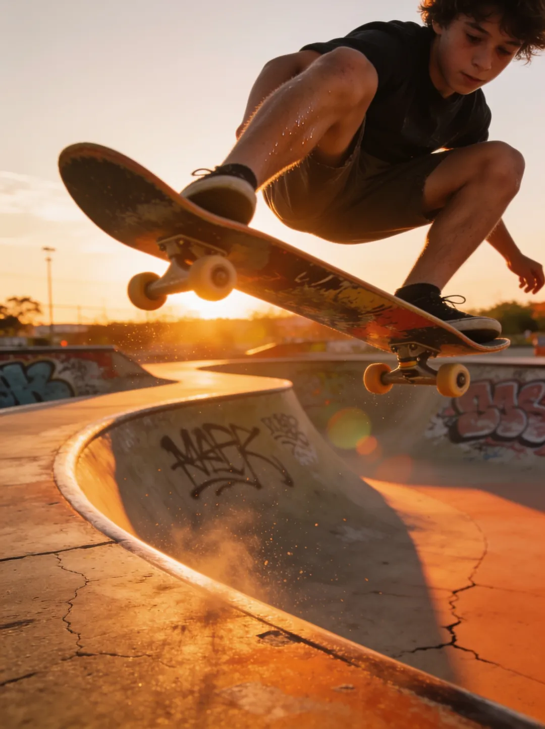 Original photo — teenage skateboarder catching air above a graffiti-covered skatepark bowl at sunset, before the AI restyle